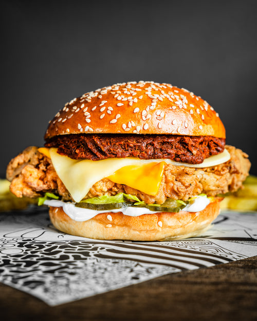 #034 -  Libertine fried chicken breast, Monterey Jack, chorizo jam, smoked garlic mayo