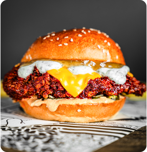 #045 -  Tandoori seasoned buttermilk fried chicken, tikka mayo, mango chutney, mint yoghurt.