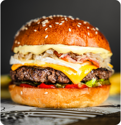 #021- Signature beef patty, cambazola, sauerkraut & pickled onion, German mustard mayo.