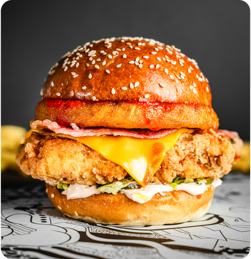 #029 -  Buttermilk fried chicken breast, crispy smoky bacon, hash brown, hot sauce, dirty mayo.