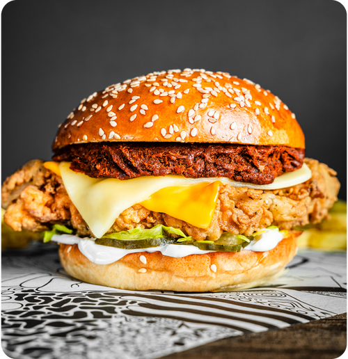 #034 - Libertine fried chicken breast, Monterey jack cheese, chorizo jam, smoked garlic mayo.