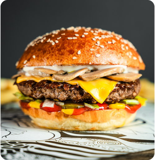 #093 - Signature beef patty, American cheese, sauté mushrooms, smoked garlic mayo.