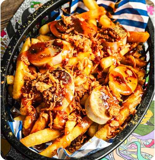 Currywurst Fries- House fries dusted in curry spice mix, grilled bratwurst, curry ketchup & crispy onion.