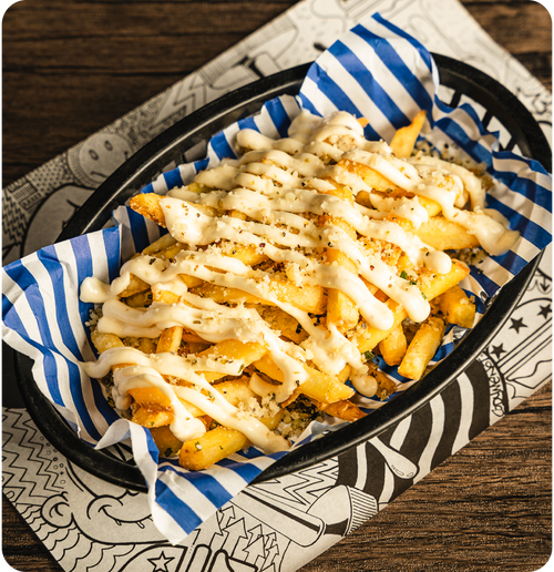 Garlic & Parmesan Fries  - House fries, garlic & parmesan crumb & smoked garlic mayo.